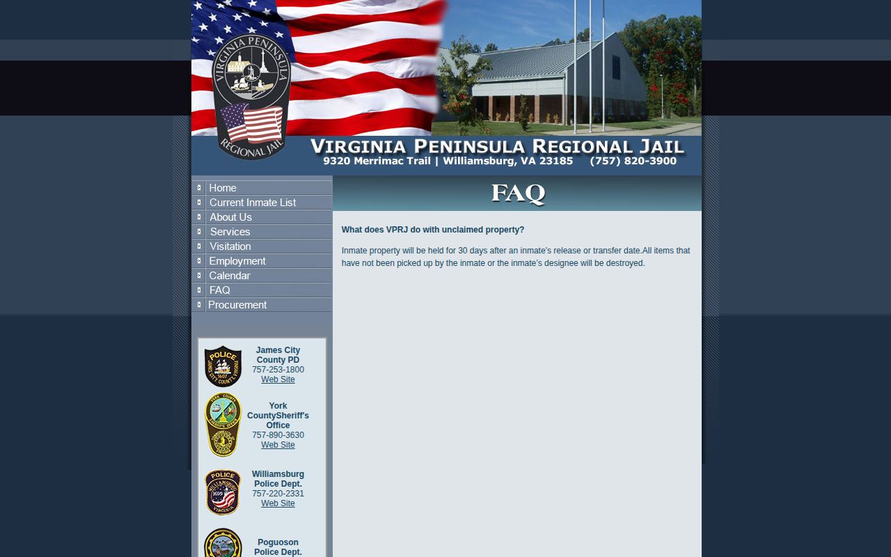 Virginia Peninsula Regional Jail property deadline after release or transfer